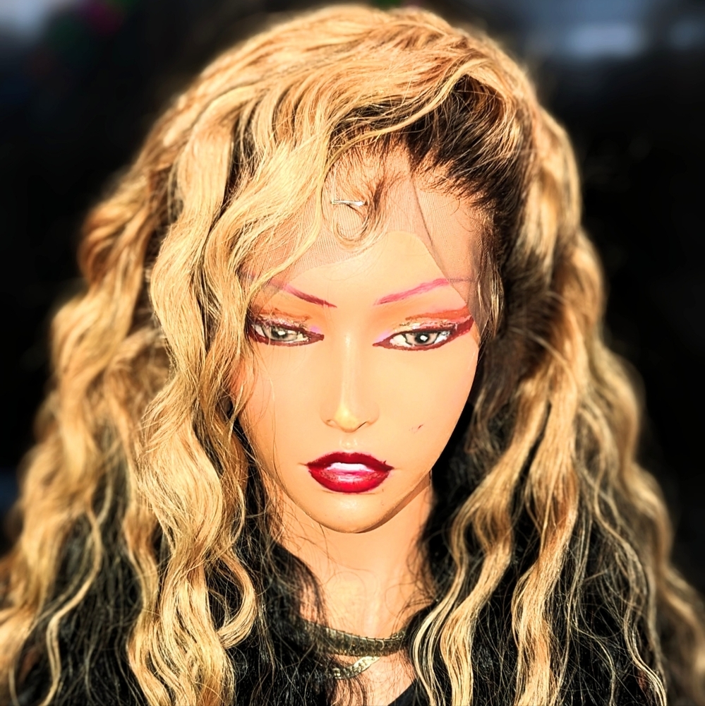 Full frontal honey blonde and black lace human hair wig